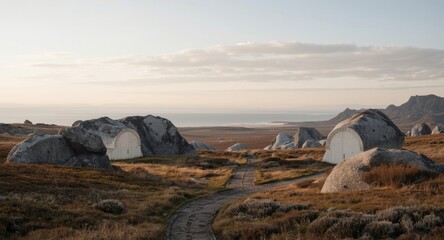Obraz premium Minimal zen wallpaper portraying quiet northern terrain with mirrored arches and soft sky