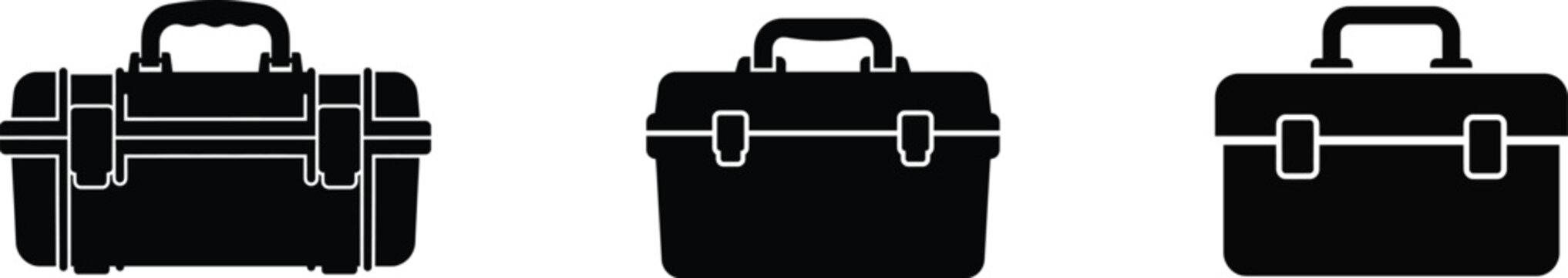 Three monochrome toolbox designs in line art style showcasing durable utility cases for professional use, minimalist vector illustration