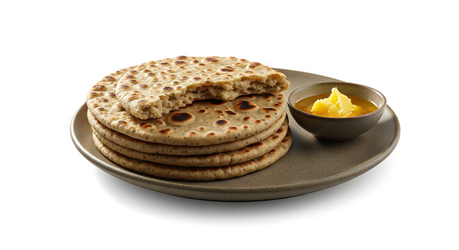 Delicious Indian stuffed Paratha or Puran Poli stack with melted ghee on a plate. Showing the soft internal texture of the bread, typically filled with sweet lentil or spicy potato stuffing. A staple 