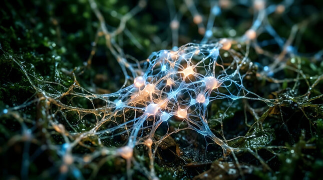 Glowing neural network embedded in dark organic moss, intricate biological connections emitting blue and orange light, representing artificial intelligence and complex data transfer concept.