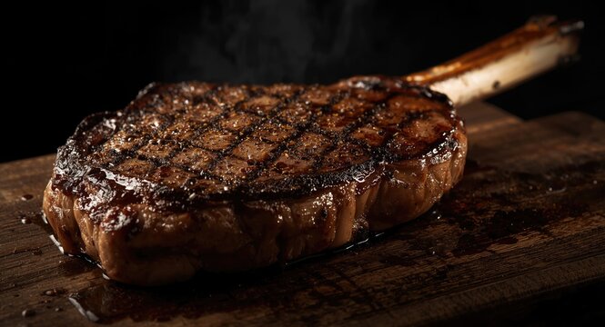 Well charred tomahawk steak with pepper crust grilled