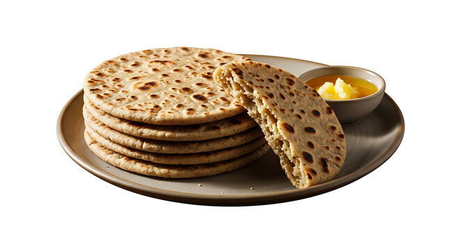 Stack of fresh Indian stuffed flatbreads known as Puran Poli or Paratha served with a bowl of melted ghee. A sweet or savory traditional bread often made during festivals like Holi or Diwali. 