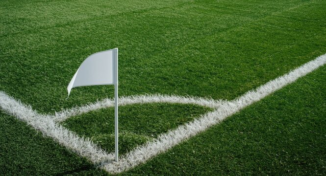 White corner flag in soccer ground with reserved space for brand logo