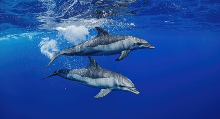 Fototapeta premium Graceful dolphins leap and swim lively in translucent blue ocean seen from sky