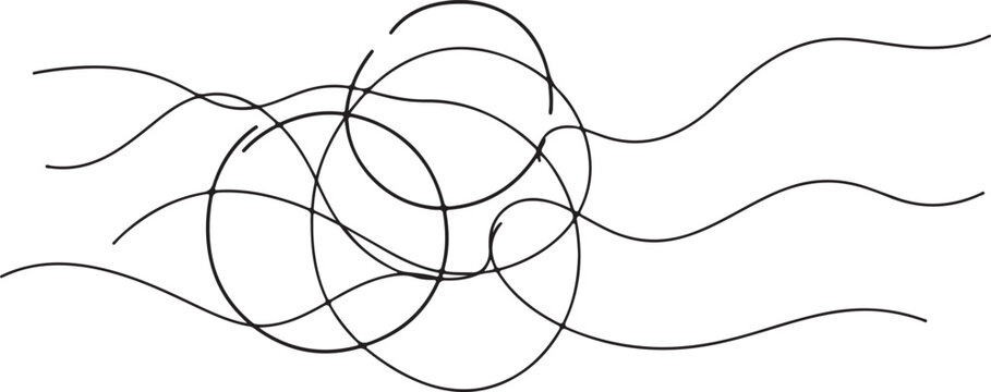 Minimalist abstract line art vector, hand drawn tangled circle scribble, messy black ink wave pattern on white background for modern design