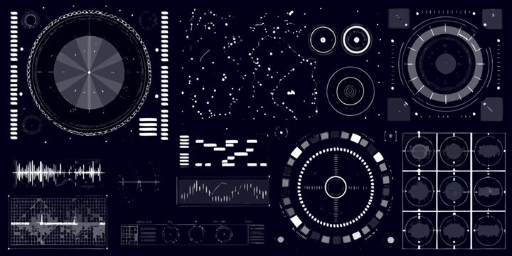 Abstract digital interface with circular elements waveforms and data displays
