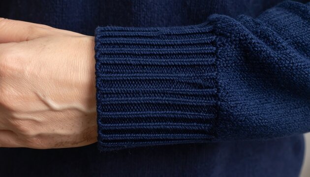 A person's hand resting on the cuff of a navy blue sweater