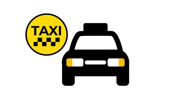 A front view of a black taxi car is shown next to a yellow circular speech bubble containing the word taxi and a checkered pattern on white ground