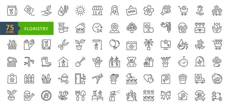 Indoor plants  and flower shop - minimal thin line web icon set. Outline icons collection - Floristry. The set contains images of bouquet, delivery, flowers, growing, watering and more