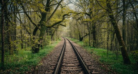Fototapeta premium Railway line cutting through a vibrant spring forest with abundant leafy tree arches