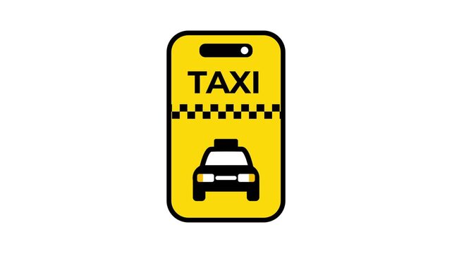 A yellow vertical rectangular sign featuring a taxi icon and a car silhouette is centered on a white background between two thick dark outer bands