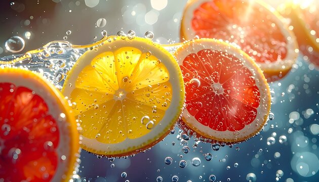 Refreshing citrus slices with bubbles in water, a vibrant close-up capturing the invigorating essence of fresh fruit and sparkling hydration
