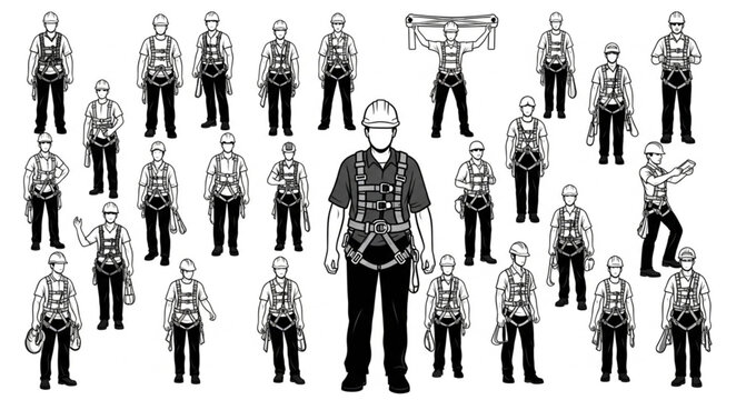 Collection of diverse individuals wearing safety harnesses for work.