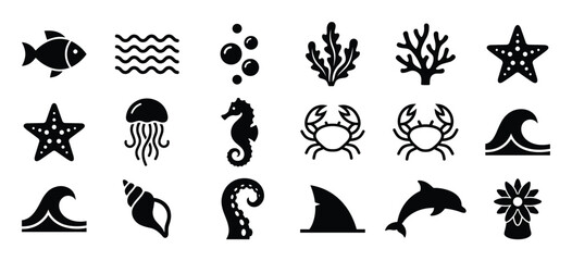 Fototapeta premium Collection of various simple black silhouette marine life and ocean-related icons arranged neatly in rows