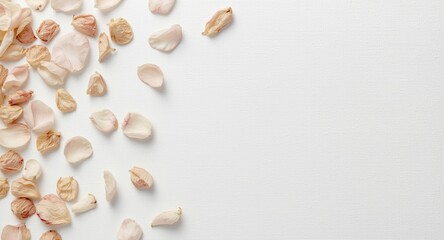 Obraz premium White textured backdrop with scattered dried rose petals under gentle shadow and copy space