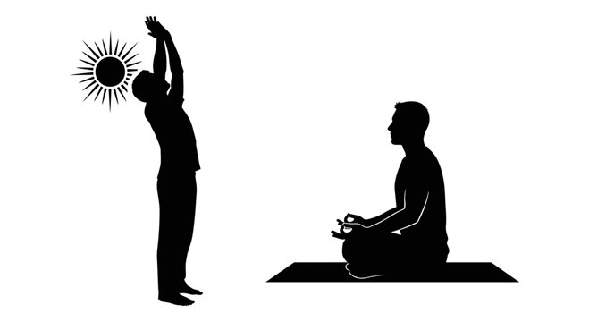 Yoga poses showcasing sun salutation and meditation stance Vector, illustration
