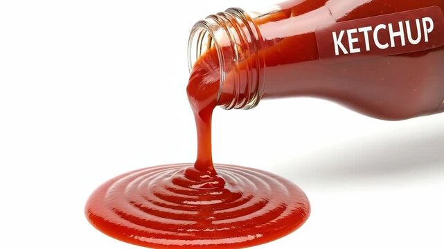 A bottle of ketchup pouring a thick stream onto a white surface