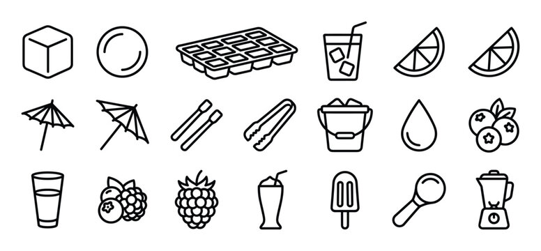 Collection of black outline icons representing various refreshing summer drinks, fruits, and related accessories, presented in a clean, minimalist style