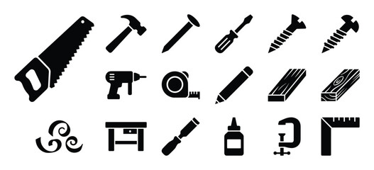 Fototapeta premium Comprehensive collection of black silhouette carpentry and woodworking tools, including a saw, hammer, drill, and measuring tape, displayed as icons