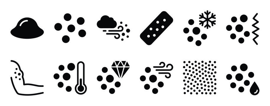 Collection of black and white icons representing various skin conditions, allergens, and environmental factors in a clean, graphic style