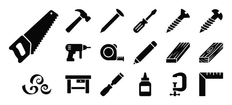 Comprehensive collection of black silhouette carpentry and woodworking tools, including a saw, hammer, drill, and measuring tape, displayed as icons