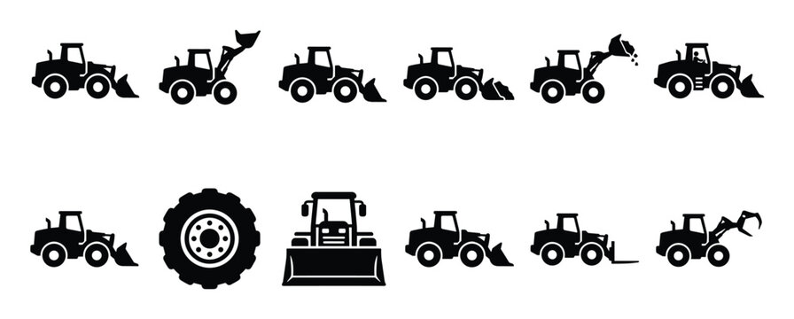 Collection of black silhouette construction vehicles, including various front loaders, excavators, and a single tire, presented as simple icons