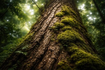 Fototapeta premium Macro view of a tall tree trunk with detailed bark texture and vibrant moss in dense forest foliage