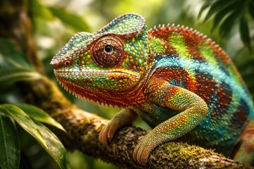 Obraz premium Close up of a tropical chameleon displaying vibrant hues and natural camouflage