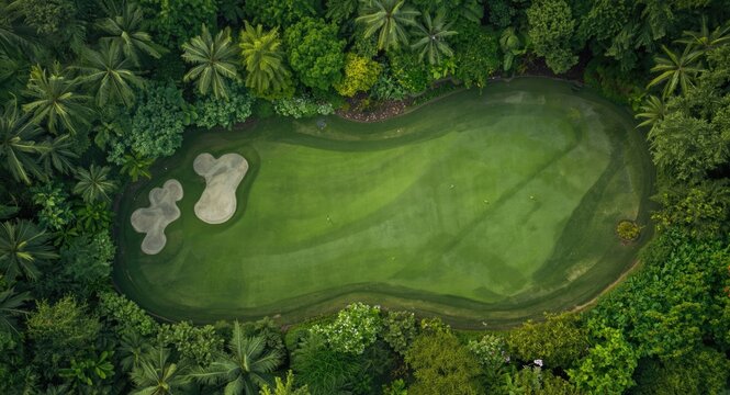 Overhead image of a refined enclave with green fairways and dense tropical landscaping