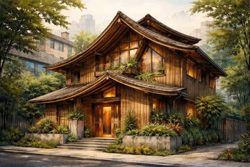 Obraz premium Artistic drawing of an urban house featuring a wooden facade and uniquely designed roof