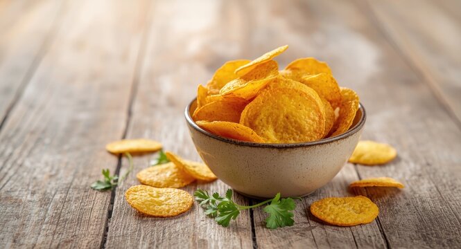 Freshly made circular nacho chips in bowl on weathered kitchen surface