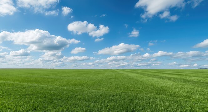 Sunny trimmed grass soccer field in full length view with scattered clouds in the blue sky and copy space
