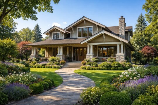 Elegant craftsman style house with manicured garden under a clear blue summer sky