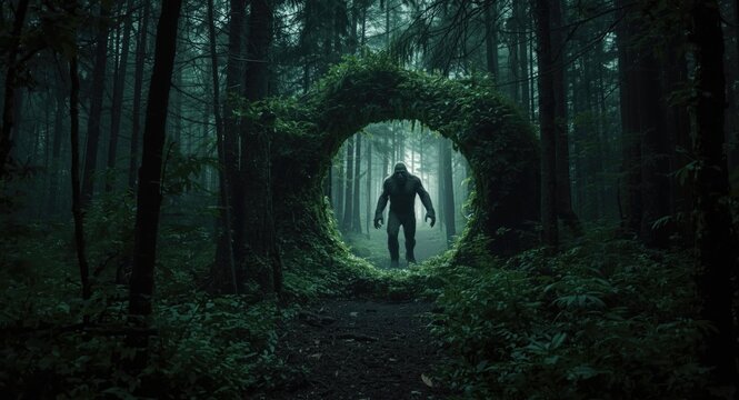 Mysterious portal in dense forest revealing dogman and bigfoot entering another dimension with copy space