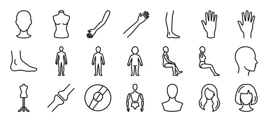 Obraz premium Collection of human body parts and mannequin outline icons, depicting various anatomical forms and figures in a clear, illustrative style