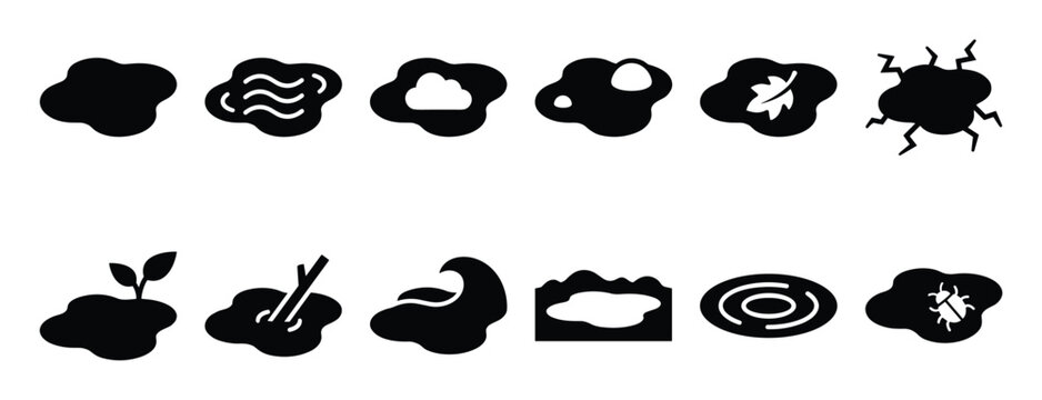 Collection of black silhouette puddle icons featuring various elements like clouds, leaves, plants, and insects, presented in a clean, graphic style