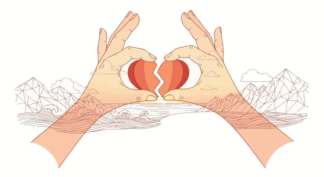 Hands forming heart around broken shape over landscape illustration