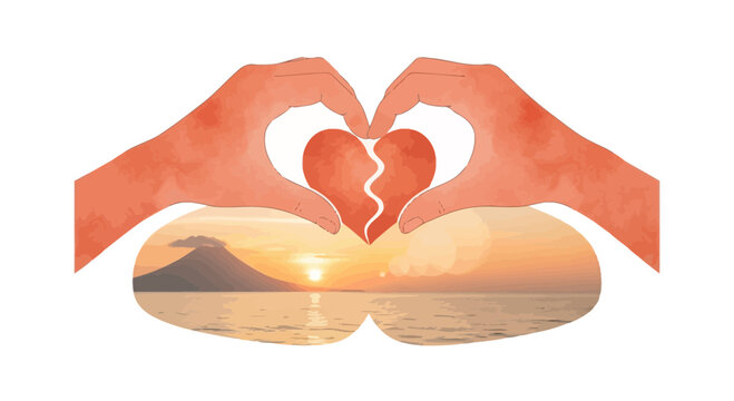 Hands forming heart around broken heart symbol over sunset landscape