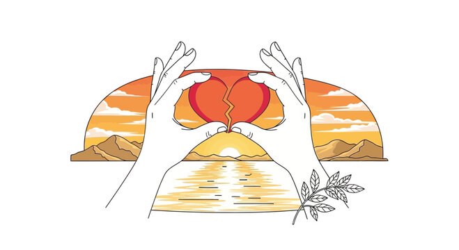 Hands forming heart over sunset conceptual illustration design graphic