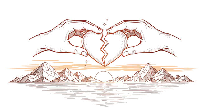 Hands forming heart shape over broken heart design against landscape