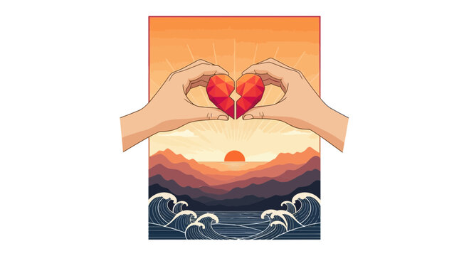 Hands forming heart shape over sunset landscape vector illustration