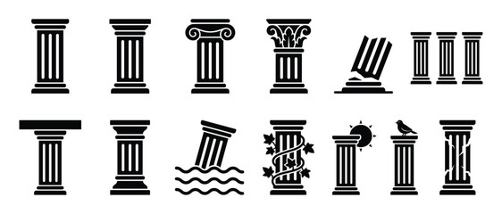 Fototapeta premium Collection of various black silhouette ancient Greek and Roman architectural columns with different designs and states