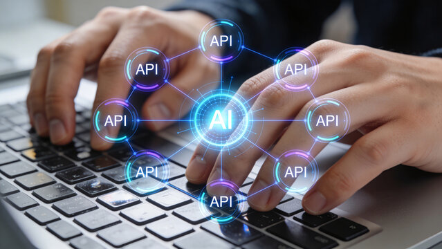 AI and API Network Integration Concept with Connected Digital Interface