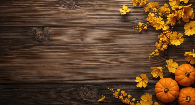 Textured wood panel illustrating a stylized anime fall setup with tiny pumpkins and vivid yellow blossoms