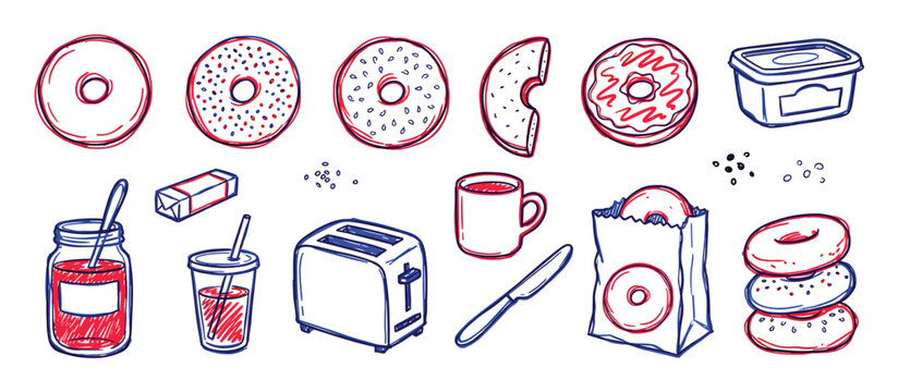 Collection of hand-drawn bagel and breakfast items, including a toaster, jam, coffee, and various bagel styles, depicted in a vibrant red and blue sketch art style