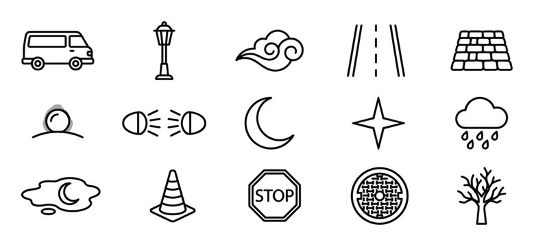 Collection of various black outline icons representing street elements, weather, and celestial objects, presented in a clean, minimalist style