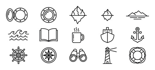 Fototapeta premium Collection of fifteen black outline nautical and marine-themed icons, including a ship's wheel, anchor, lighthouse, and porthole, arranged neatly