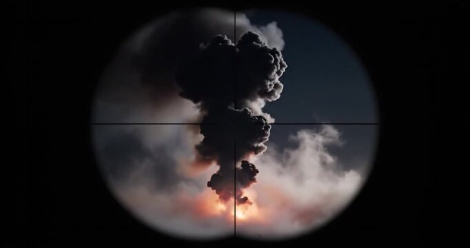 Large Fire Explosion Viewed Through Sniper Rifle Scope