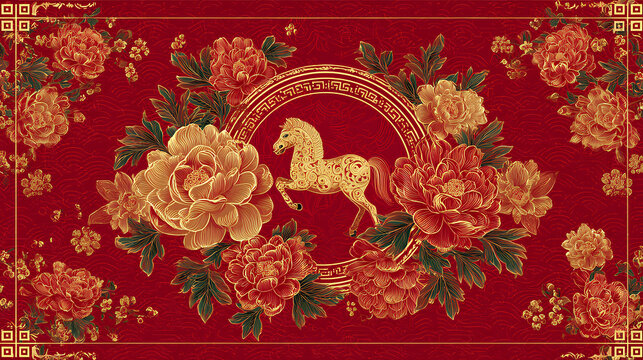 Vietnamese Tet 2026 greeting design, Year of the Horse zodiac. Decorative red and gold pattern with flowers, festive Asian holiday background (Translation : Happy new year ) Stock Vector