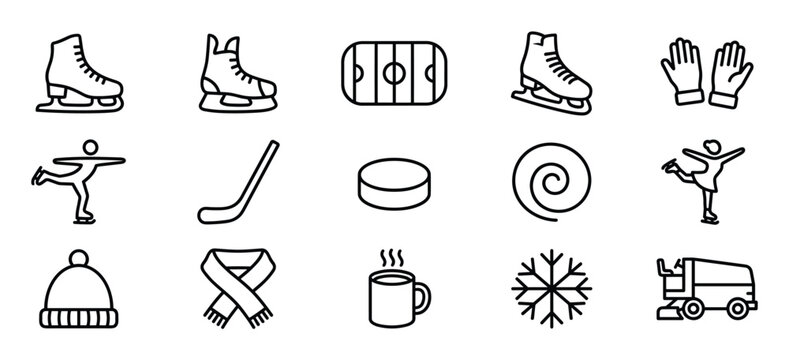 Collection of black outline winter sports and cold weather icons, including skates, hockey gear, and warm accessories
